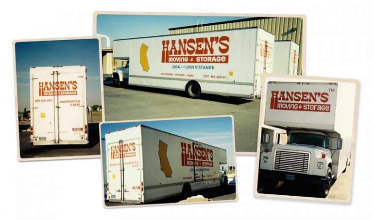 hansens_old_trucks-e1646121389361.png A collage of images showing different angles of Hansen's Moving & Storage trucks